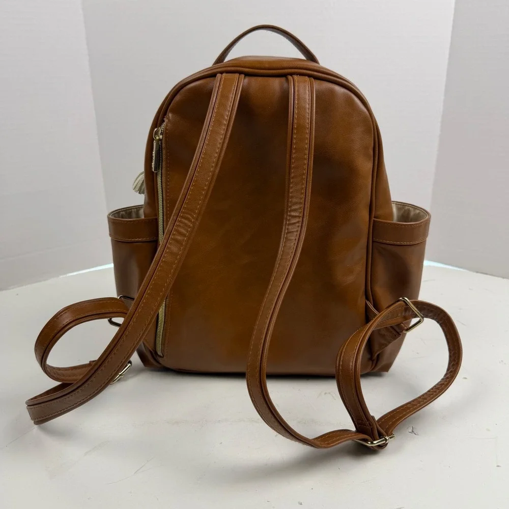 Itzy Ritzy Boss Backpack Diaper Bag Cognac Brown Vegan Leather Gold Hardware